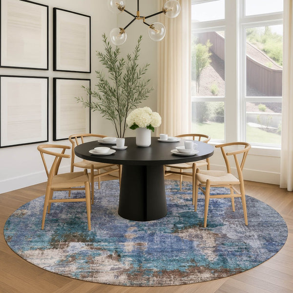 HomeRoots 8' Round Abstract Area Rug in Blue Gray Brown – Durable, Washable, Modern Design for Indoor/Outdoor Use 658311
