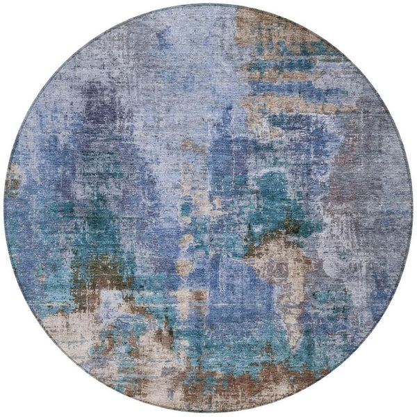 HomeRoots 8' Round Abstract Area Rug in Blue Gray Brown – Durable, Washable, Modern Design for Indoor/Outdoor Use 658311