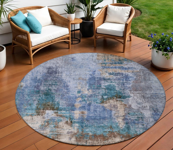 HomeRoots 8' Round Abstract Area Rug in Blue Gray Brown – Durable, Washable, Modern Design for Indoor/Outdoor Use 658311