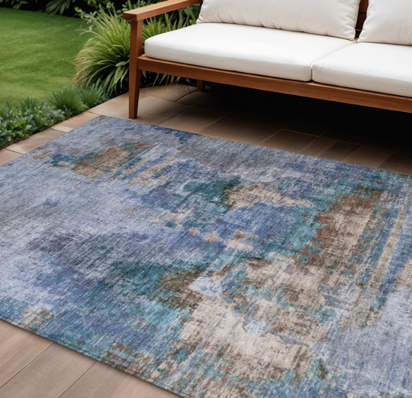 HomeRoots 8' X 10' Abstract Blue Gray and Brown Washable Area Rug - Ideal for Indoor and Outdoor Spaces! 658312