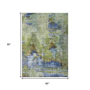 HomeRoots 5' Indoor Outdoor Area Rug – Stylish Green, Blue & Brown Abstract Design, Washable & Non-Slip 658322