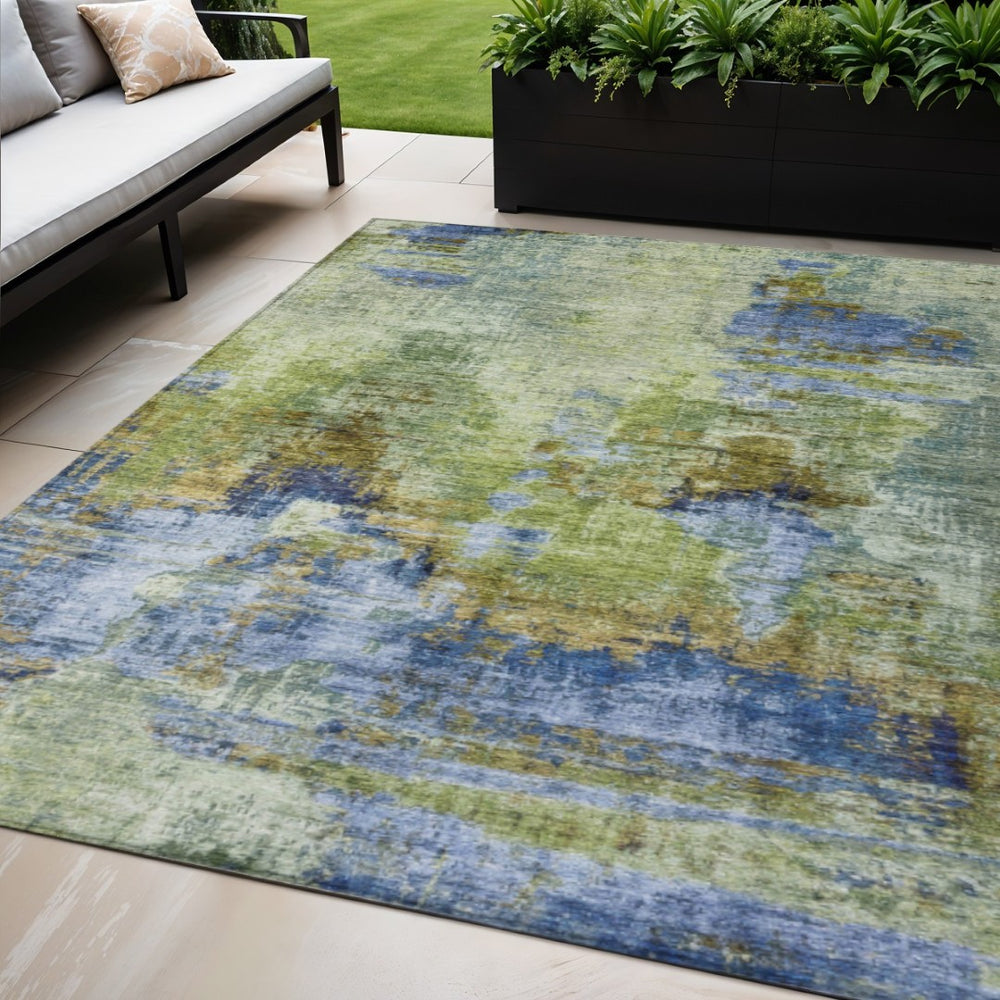 HomeRoots 5' Indoor Outdoor Area Rug – Stylish Green, Blue & Brown Abstract Design, Washable & Non-Slip 658322