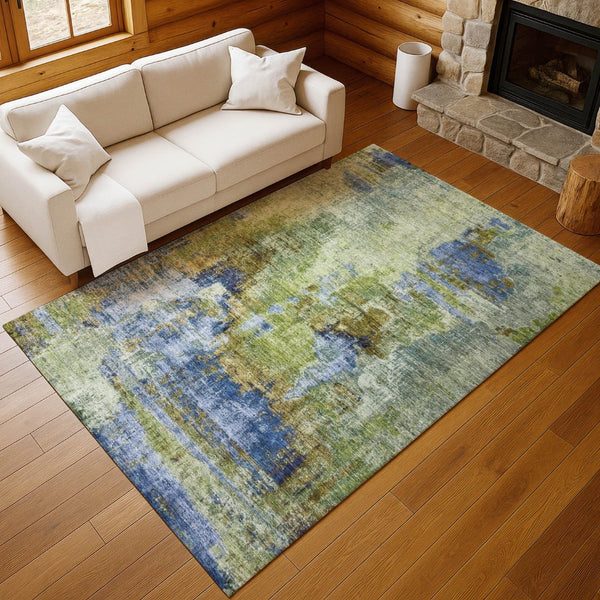 HomeRoots 5' Indoor Outdoor Area Rug – Stylish Green, Blue & Brown Abstract Design, Washable & Non-Slip 658322