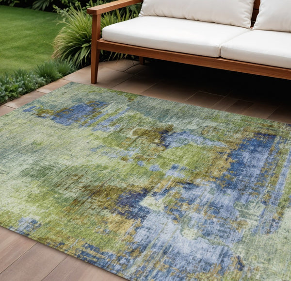 HomeRoots 8' X 10' Modern Abstract Washable Area Rug in Green, Blue & Brown – Perfect for Indoor/Outdoor Use! 658324