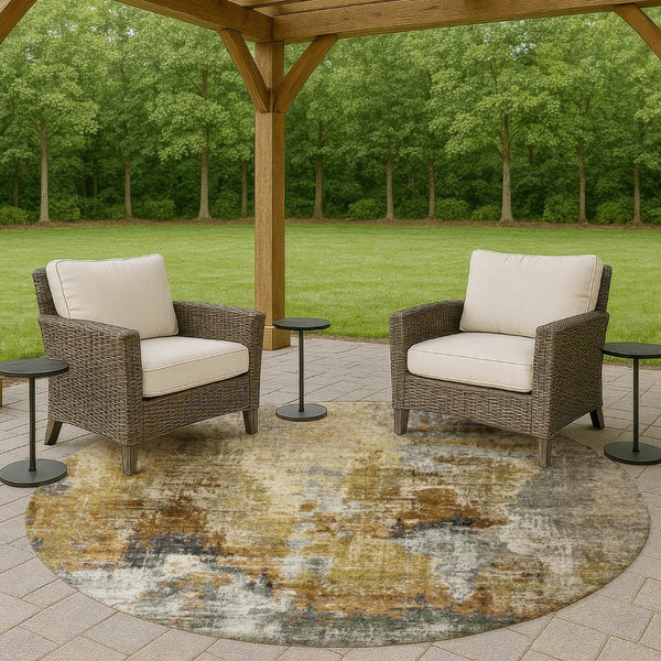 HomeRoots 8' Contemporary Khaki Beige Taupe Round Abstract Area Rug - Stylish, Washable, Indoor/Outdoor Versatile! 658329