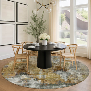 HomeRoots 8' Contemporary Khaki Beige Taupe Round Abstract Area Rug - Stylish, Washable, Indoor/Outdoor Versatile! 658329