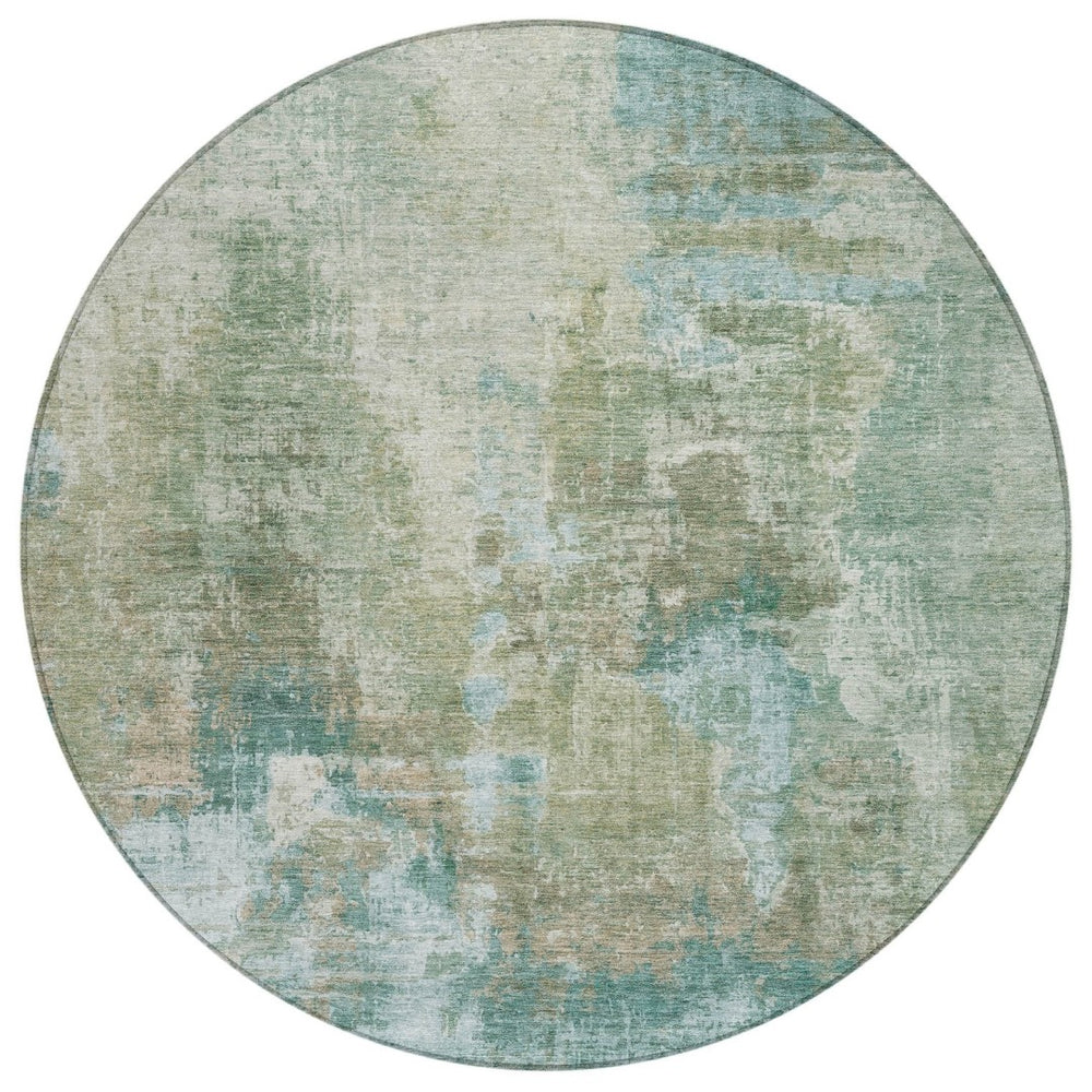 HomeRoots 8' Sage and Gray Round Abstract Area Rug - Durable, Washable, Versatile for Indoor & Outdoor Spaces! 658335
