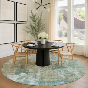 HomeRoots 8' Sage and Gray Round Abstract Area Rug - Durable, Washable, Versatile for Indoor & Outdoor Spaces! 658335