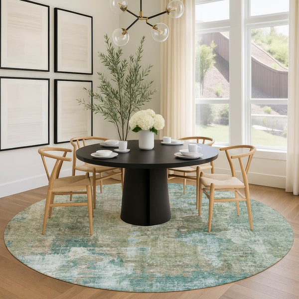 HomeRoots 8' Sage and Gray Round Abstract Area Rug - Durable, Washable, Versatile for Indoor & Outdoor Spaces! 658335
