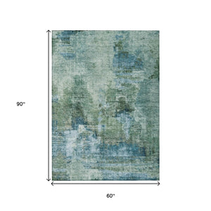 HomeRoots 5' Teal Blue & Gray Abstract Area Rug - Washable, Durable for Indoor & Outdoor, Stain Resistant Design 658340