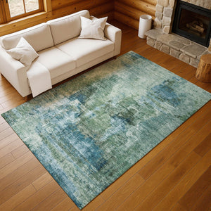 HomeRoots 5' Teal Blue & Gray Abstract Area Rug - Washable, Durable for Indoor & Outdoor, Stain Resistant Design 658340