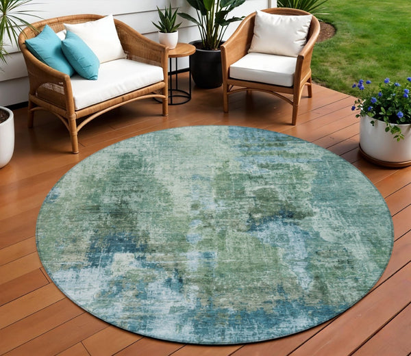 HomeRoots 8' Teal Blue and Gray Round Area Rug - Durable, Washable, Stylish Abstract Design for Indoor & Outdoor Use 658341