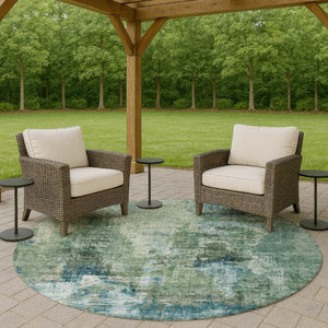 HomeRoots 8' Teal Blue and Gray Round Area Rug - Durable, Washable, Stylish Abstract Design for Indoor & Outdoor Use 658341