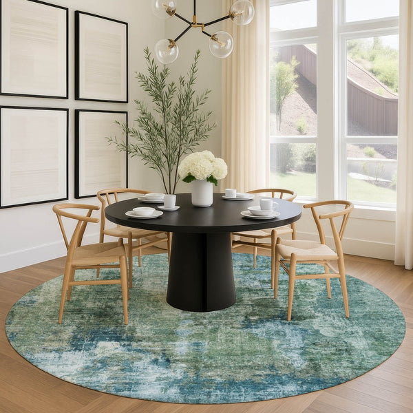 HomeRoots 8' Teal Blue and Gray Round Area Rug - Durable, Washable, Stylish Abstract Design for Indoor & Outdoor Use 658341