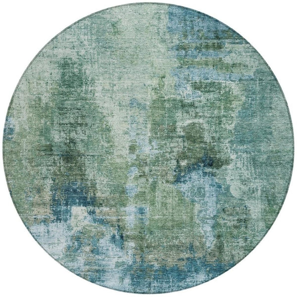 HomeRoots 8' Teal Blue and Gray Round Area Rug - Durable, Washable, Stylish Abstract Design for Indoor & Outdoor Use 658341