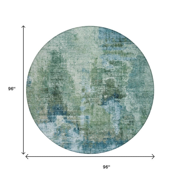 HomeRoots 8' Teal Blue and Gray Round Area Rug - Durable, Washable, Stylish Abstract Design for Indoor & Outdoor Use 658341