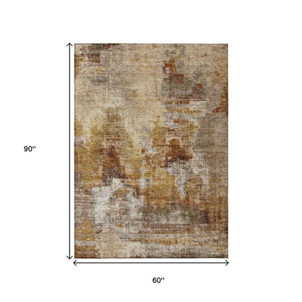 HomeRoots 5' Abstract Washable Indoor Outdoor Area Rug in Walnut and Beige - Stylish, Durable, Easy Care! 658346