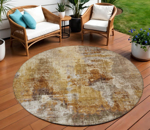 HomeRoots 8' Contemporary Walnut and Beige Round Abstract Washable Area Rug for Indoor/Outdoor Spaces 658347