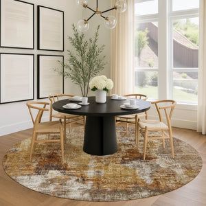 HomeRoots 8' Contemporary Walnut and Beige Round Abstract Washable Area Rug for Indoor/Outdoor Spaces 658347