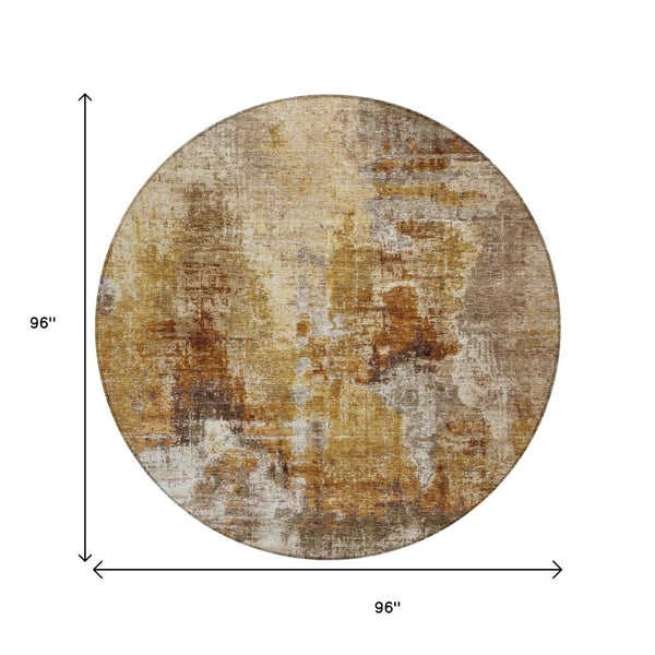 HomeRoots 8' Contemporary Walnut and Beige Round Abstract Washable Area Rug for Indoor/Outdoor Spaces 658347