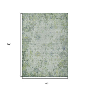 HomeRoots 5' Artichoke Green & Blue Floral Washable Area Rug - Durable, Stylish, Indoor/Outdoor Versatile Design 658352