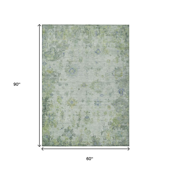 HomeRoots 5' Artichoke Green & Blue Floral Washable Area Rug - Durable, Stylish, Indoor/Outdoor Versatile Design 658352