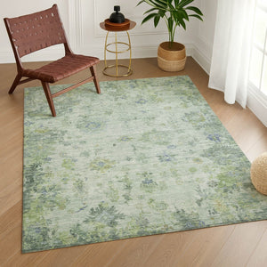HomeRoots 5' Artichoke Green & Blue Floral Washable Area Rug - Durable, Stylish, Indoor/Outdoor Versatile Design 658352