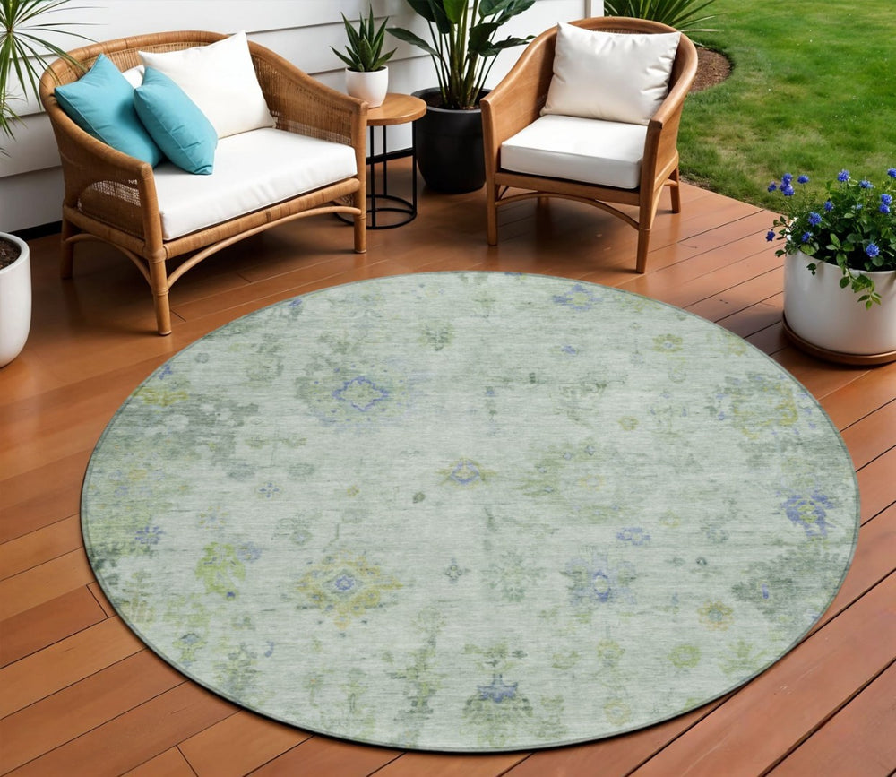 HomeRoots 8' Round Floral Area Rug in Artichoke Green & Blue - Durable, Washable for Indoor & Outdoor Spaces 658353