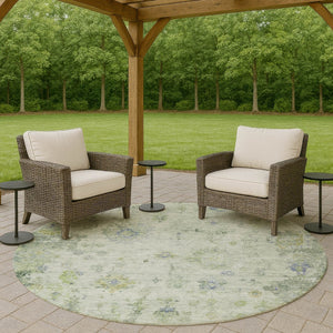 HomeRoots 8' Round Floral Area Rug in Artichoke Green & Blue - Durable, Washable for Indoor & Outdoor Spaces 658353