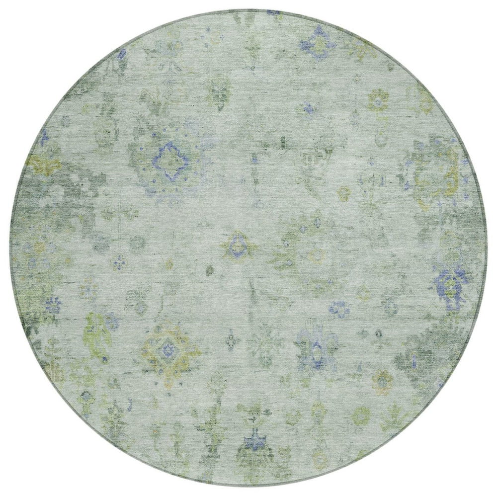 HomeRoots 8' Round Floral Area Rug in Artichoke Green & Blue - Durable, Washable for Indoor & Outdoor Spaces 658353