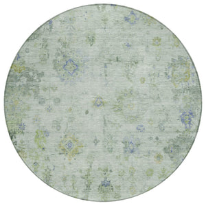 HomeRoots 8' Round Floral Area Rug in Artichoke Green & Blue - Durable, Washable for Indoor & Outdoor Spaces 658353