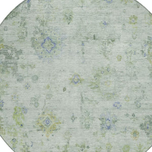 HomeRoots 8' Round Floral Area Rug in Artichoke Green & Blue - Durable, Washable for Indoor & Outdoor Spaces 658353