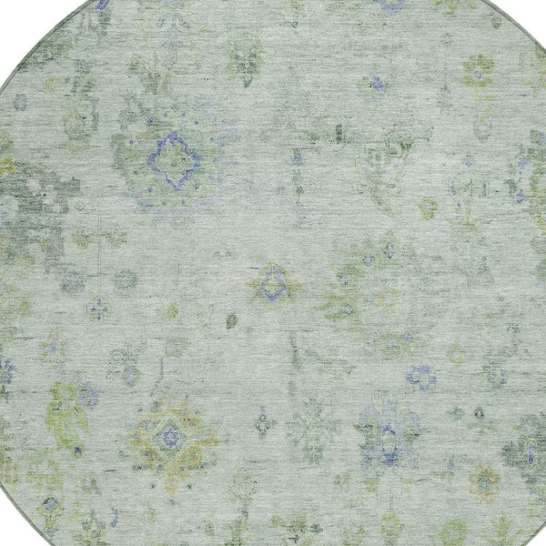 HomeRoots 8' Round Floral Area Rug in Artichoke Green & Blue - Durable, Washable for Indoor & Outdoor Spaces 658353