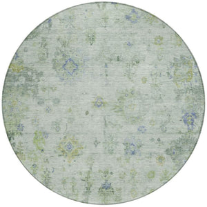 HomeRoots 8' Round Floral Area Rug in Artichoke Green & Blue - Durable, Washable for Indoor & Outdoor Spaces 658353