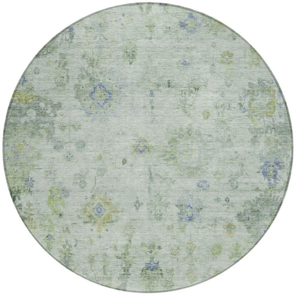 HomeRoots 8' Round Floral Area Rug in Artichoke Green & Blue - Durable, Washable for Indoor & Outdoor Spaces 658353