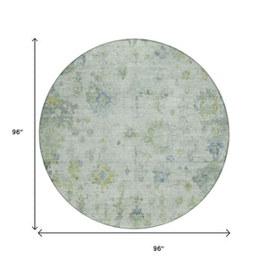 HomeRoots 8' Round Floral Area Rug in Artichoke Green & Blue - Durable, Washable for Indoor & Outdoor Spaces 658353