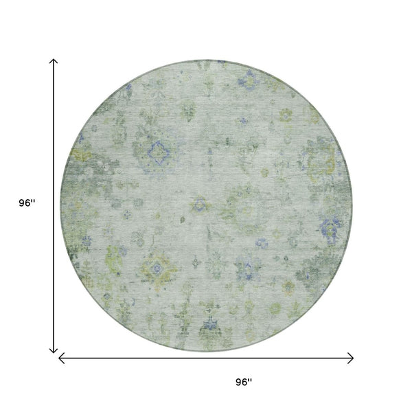 HomeRoots 8' Round Floral Area Rug in Artichoke Green & Blue - Durable, Washable for Indoor & Outdoor Spaces 658353