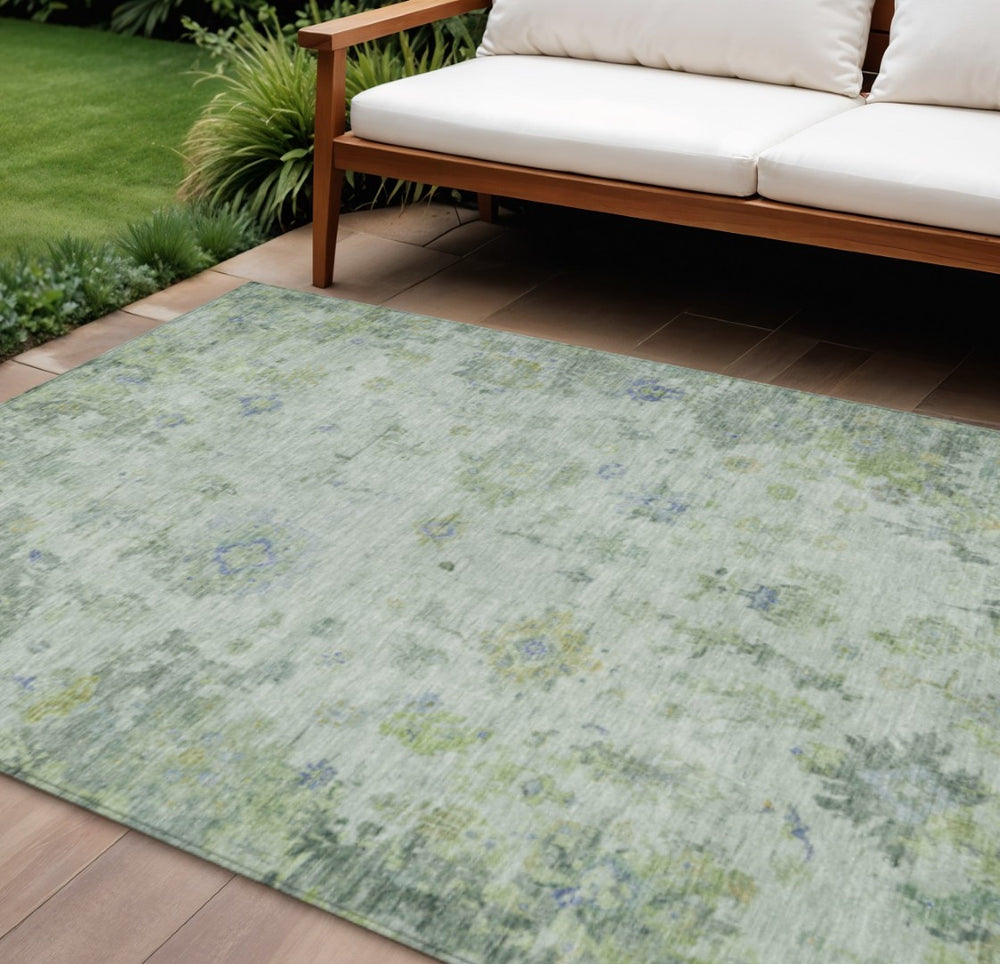 HomeRoots 8' X 10' Artichoke Green & Blue Floral Washable Area Rug - Durable Indoor/Outdoor Decor Accent 658354