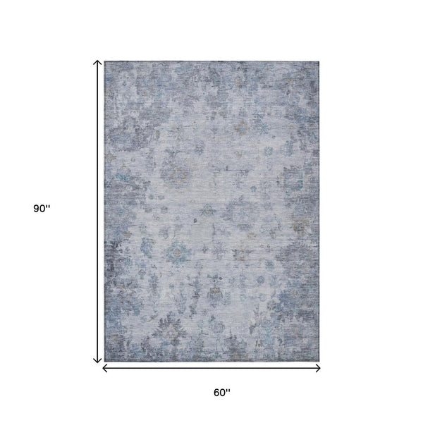 HomeRoots 5' X 8' Blue and Gray Floral Area Rug - Durable, Washable Design for Indoor & Outdoor Elegance! 658358