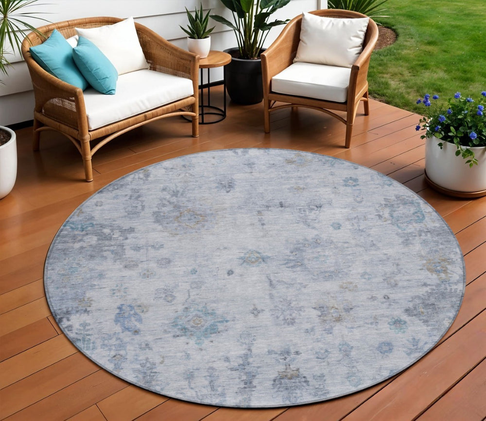 HomeRoots 8' Blue and Gray Round Floral Area Rug - Washable, Durable, Perfect for Indoor & Outdoor Spaces 658359