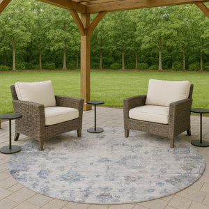 HomeRoots 8' Blue and Gray Round Floral Area Rug - Washable, Durable, Perfect for Indoor & Outdoor Spaces 658359