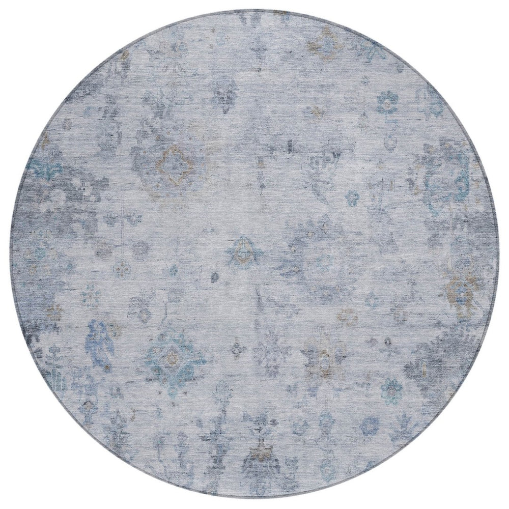 HomeRoots 8' Blue and Gray Round Floral Area Rug - Washable, Durable, Perfect for Indoor & Outdoor Spaces 658359