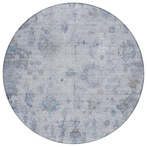 HomeRoots 8' Blue and Gray Round Floral Area Rug - Washable, Durable, Perfect for Indoor & Outdoor Spaces 658359
