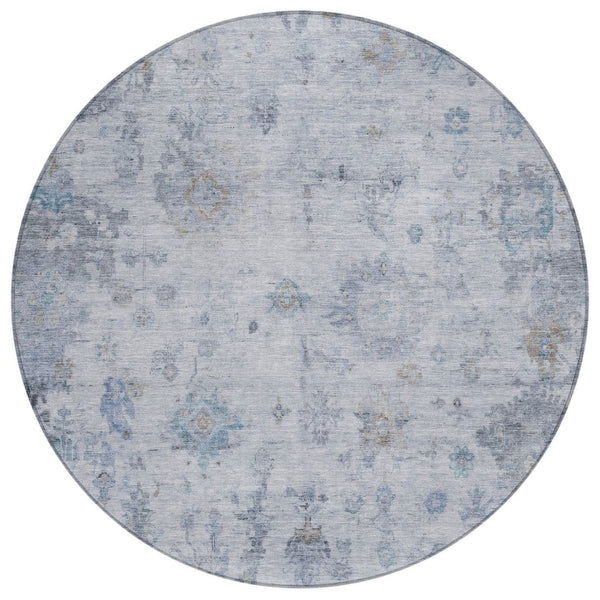 HomeRoots 8' Blue and Gray Round Floral Area Rug - Washable, Durable, Perfect for Indoor & Outdoor Spaces 658359