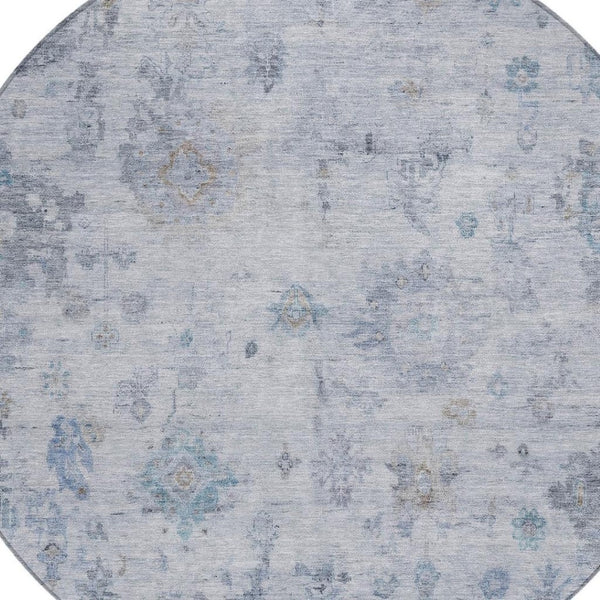 HomeRoots 8' Blue and Gray Round Floral Area Rug - Washable, Durable, Perfect for Indoor & Outdoor Spaces 658359