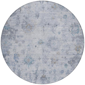 HomeRoots 8' Blue and Gray Round Floral Area Rug - Washable, Durable, Perfect for Indoor & Outdoor Spaces 658359