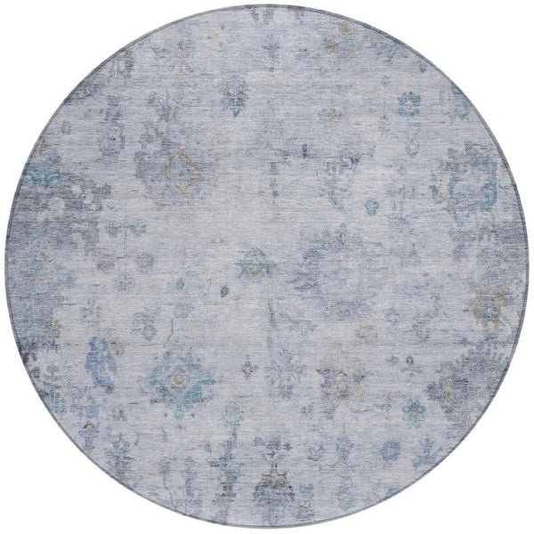 HomeRoots 8' Blue and Gray Round Floral Area Rug - Washable, Durable, Perfect for Indoor & Outdoor Spaces 658359