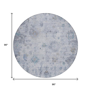 HomeRoots 8' Blue and Gray Round Floral Area Rug - Washable, Durable, Perfect for Indoor & Outdoor Spaces 658359