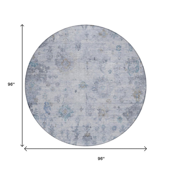 HomeRoots 8' Blue and Gray Round Floral Area Rug - Washable, Durable, Perfect for Indoor & Outdoor Spaces 658359