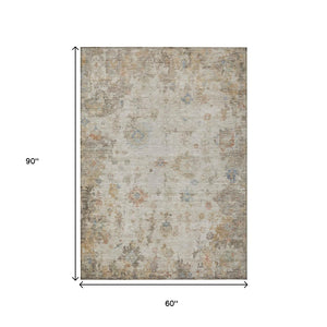 HomeRoots 5' Elegant Ivory Beige & Blue Floral Washable Area Rug - Indoor/Outdoor, Durable & Stylish Design 658364